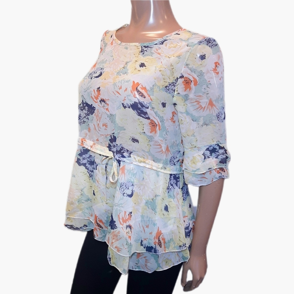💠Sheer Floral Pleated Tie Waist Blouse Layered Flared Hem Top